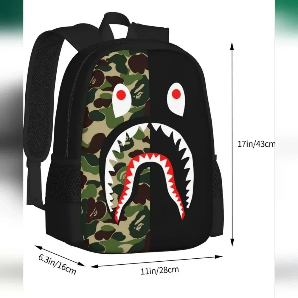 17inch Shark Backpack Green Camouflage 3D Print Laptop Backpack Lightweight